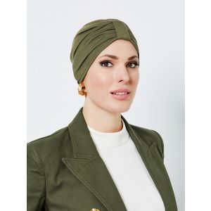 olijf groen chemo mutsje die lekker zit en zacht is, goed om mee te slapen of tijdens de chemo